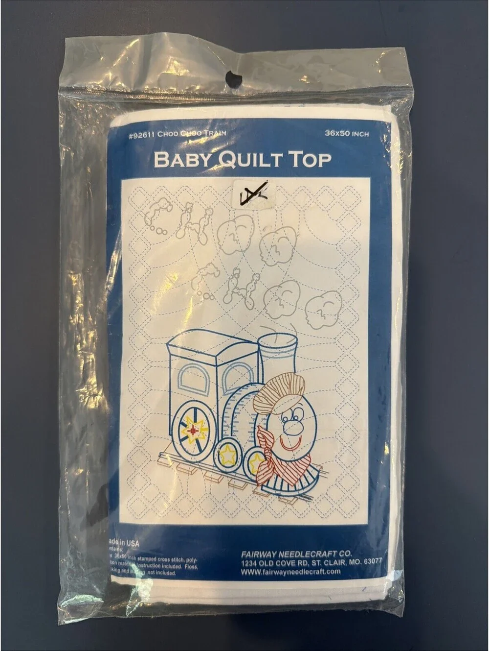 NEW FAIRWAY Stamed Embroidery Baby Quilt Top CHOO CHOO Train 36 x 50